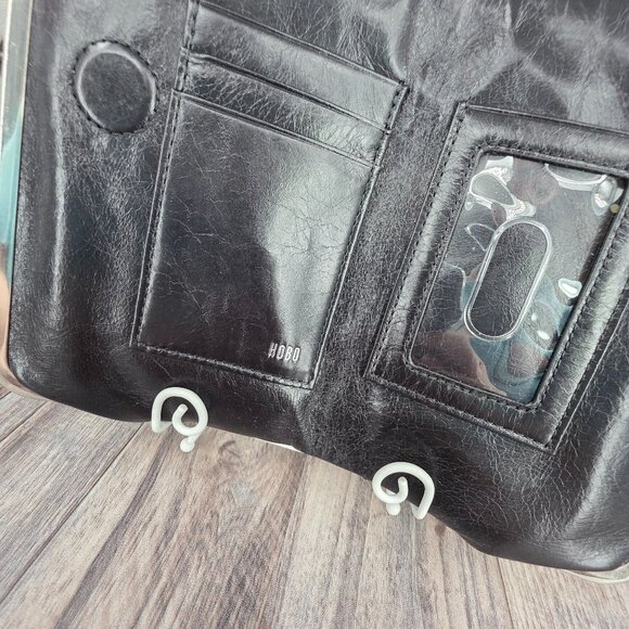 HOBO Lauren Wallet Clutch Embossed Black Leather Floral Lined Kiss Lock Fold New - Picture 3 of 14